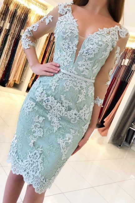 Elegant V-neck 3/4 Sleeves Appliques Lace Knee-length Sheath Prom Dress