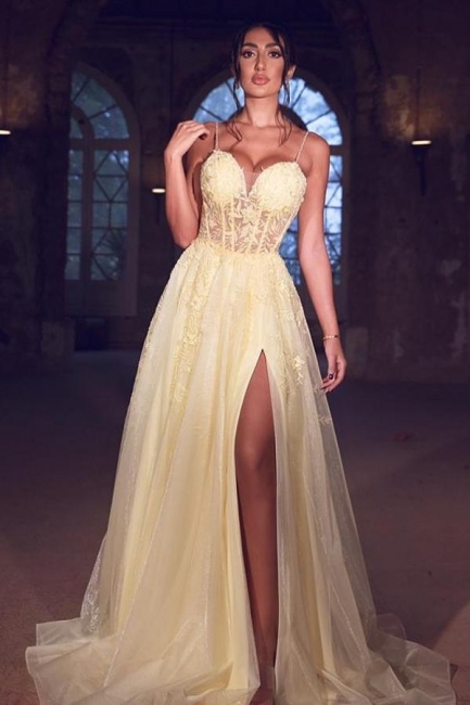 Chic Spaghetti Straps Sweetheart Tulle Floral A-Line Prom Dress With Side Split