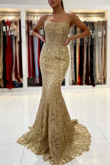 Charming Spaghetti Straps Floral Lace Backless Floor-length Mermaid Prom Gown