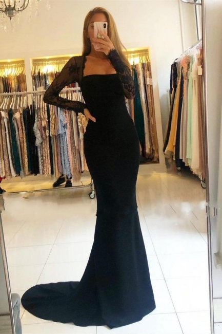 Elegant Black Strapless Long Sleeves Floral Lace Floor Length Mermaid Prom Gown