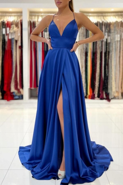 Sexy Royal Blue V-neck Spaghetti Straps A-Line Prom Dress With Side Split