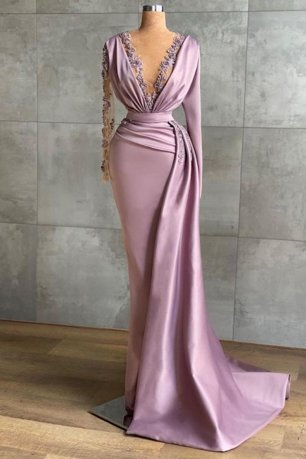 Stunning Long Sleeve Deep V-neck Floral Lace Mermaid Prom Dress With Side Train