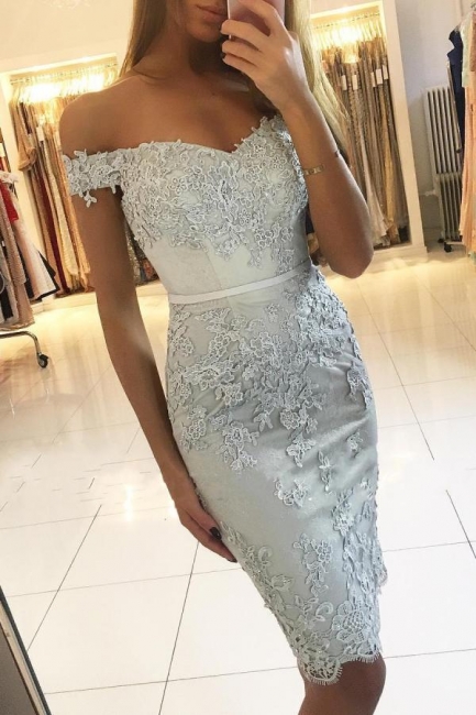 Classy Off-the-shoulder Knee-length Sheath Prom Dress With Lace Appliques