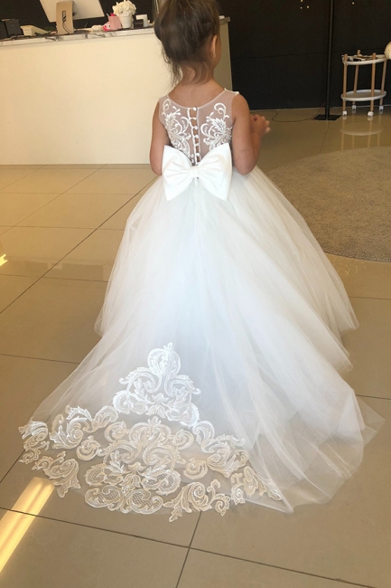Princess Appliques Lace Floor-length Train Tulle Flower Girl Dresses With Bowknot