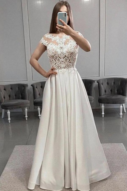 Elegant White Cap Sleeves Lace Satin A-Line Ruffles Prom Dress With Side Slit