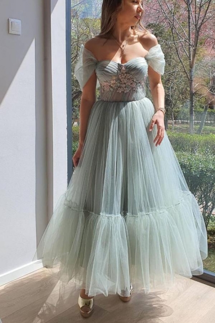 Romantic Off-the-shoulder Tulle Sweeheart A-line Ankle-length Prom Dress With Floral