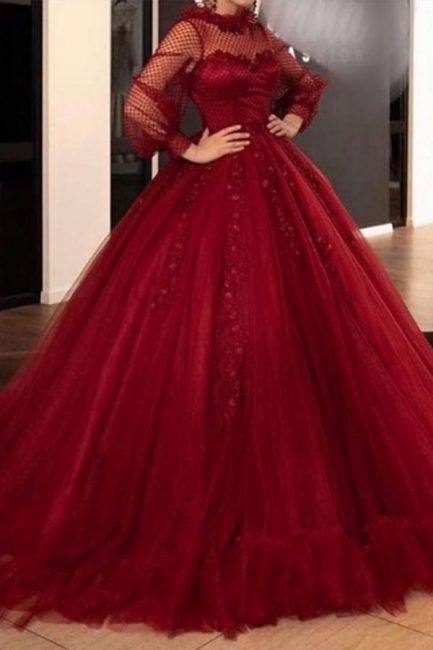 Charming Bateau Long Sleeves Tulle A-Line Floor-length Prom Dress With Ruffles