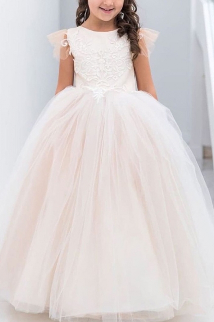 Bateau Appliques Lace Bow Tulle Full Length Ball Gown Wedding Dress