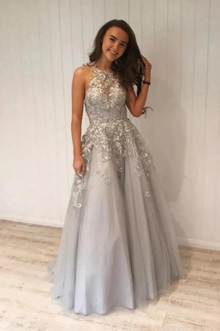 Elegant Halter Appliques Lace Tulle Formal Dress A-Line Ruffles Prom Dress