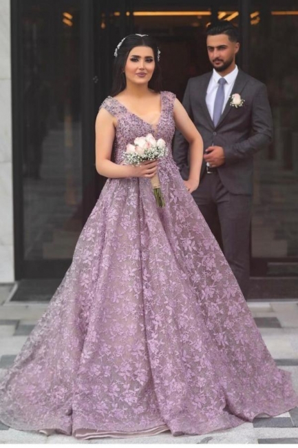 Elegant Wide Straps Deep V-neck Floral Lace A-Line Ruffles Evening Prom Dress