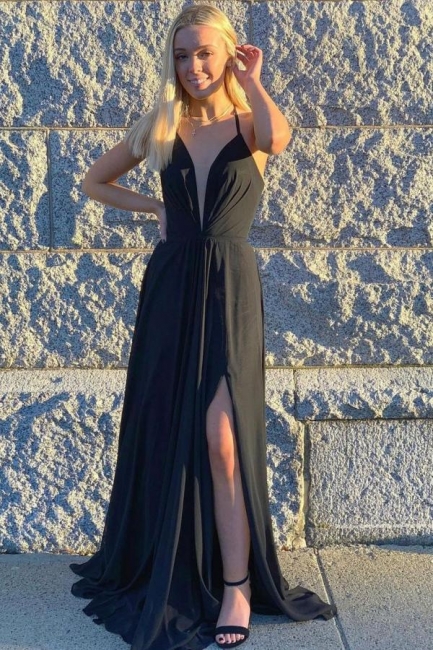 Classy Black Spaghetti Straps V-neck A-Line Ruffles Prom Dress With Side Slit