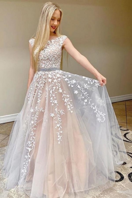 Bateau Cap Sleeves Floral Lace Formal Dress A-Line Tulle Floor-length Prom Dress