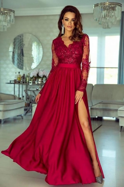 Sexy Appliques Lace V-neck Long Sleeves A-Line Prom Dress With Side Slit