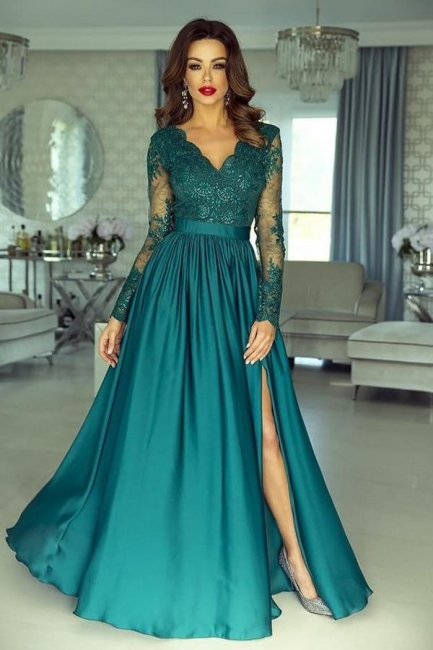 V-neck Long Sleeves Appliques Lace A-Line Ruffles Prom Dress With Side Slit
