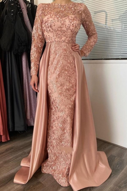 Delicate Long Sleeves Floral Lace Mermaid Evening Gown With Detachable Train