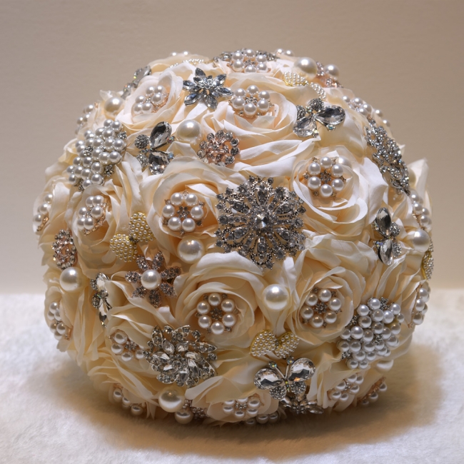 Shiny Crystal Beading Silk Rose Wedding Bouquet in White and Pink