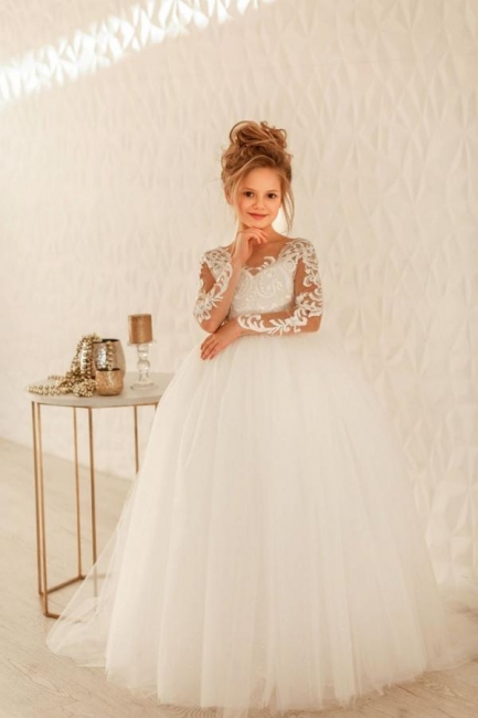 Beautiful V-neck Appliques Lace Bow Long Sleeve A-line Flower Girl Dress