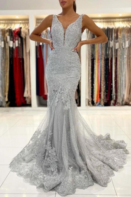 Beautiful V-neck Spaghetti Straps Appliques Lace Backless Mermaid Prom Dress