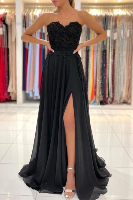 Simple Black A-line Sweetheart Backless Appliques Lace Chiffon Prom Dress With Split