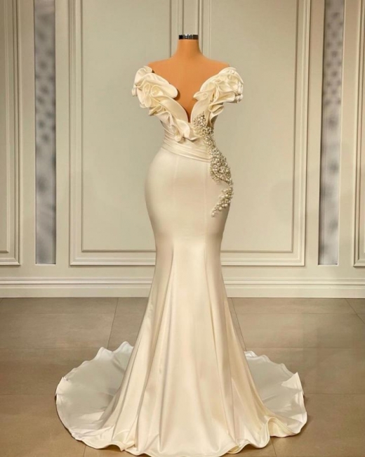 Elegant White Sweetheart Cascading Ruffles Pearl Long Mermaid Prom Dress