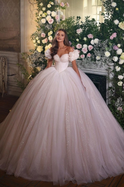 Gorgeous Sweetheart Off-the-Shoulder Sequins Tulle Floor-length Church Ball Gown Wedding Dress