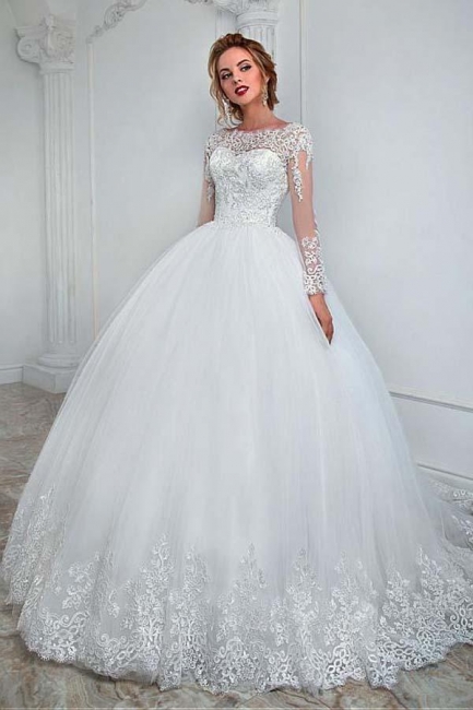 Elegant A-line Scoop Neck Long Sleeve Appliques Lace Tulle Backless Floor-length Wedding Dress