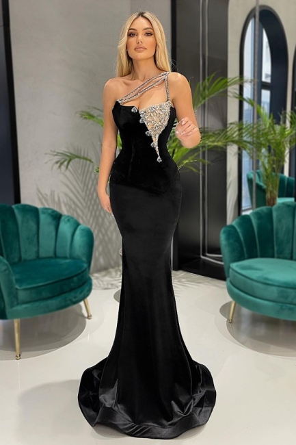 Classy Black One Shoulder Floor-length Appliques Lace Beading Velvet Mermaid Prom Dress