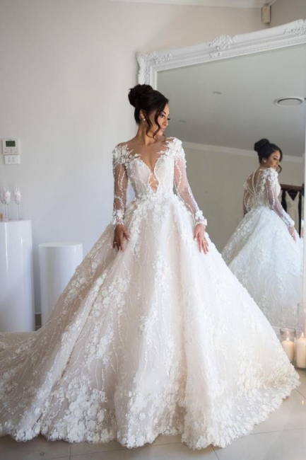 Elegant Tarin A-Line V-neck Long Sleeve Appliques Lace Wedding Dress