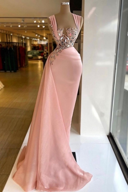 Elegant Wide Straps Crystal Appliques Ruffles Floor-length Mermaid Prom Dress
