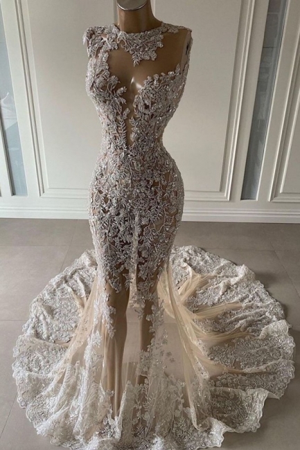 Gorgeous Bateau Glitter Floral Lace Floor-Length Beading Mermaid Prom Dress