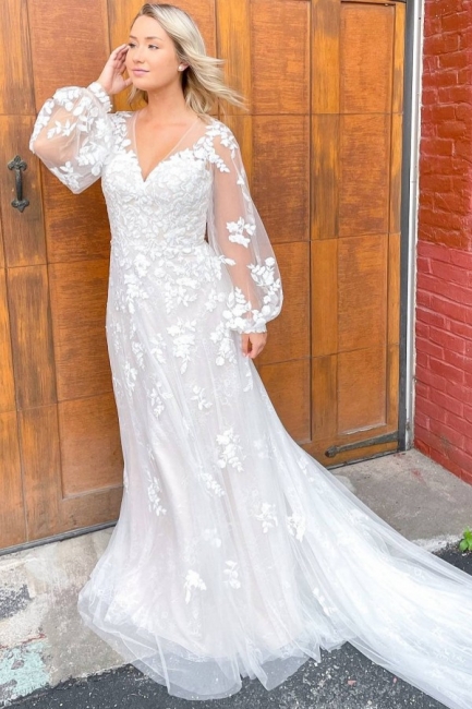 Unique Sheath Deep V-neck Long Sleeve Appliques Lace Train Wedding Dress