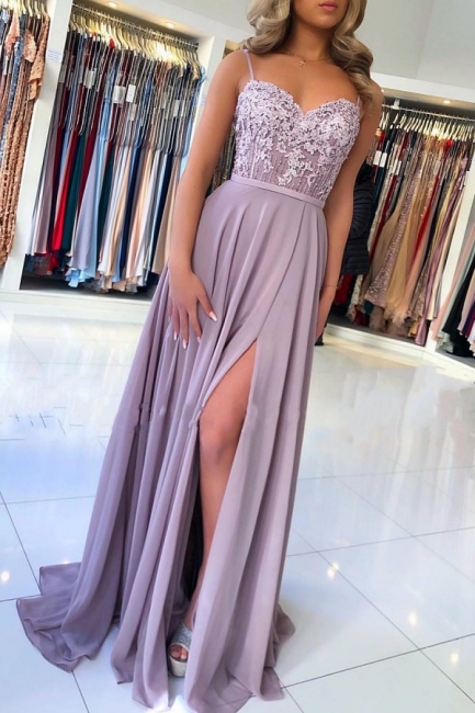 Elegant Appliques Lace Spaghetti Straps A-Line Ruffles Prom Dress With Split