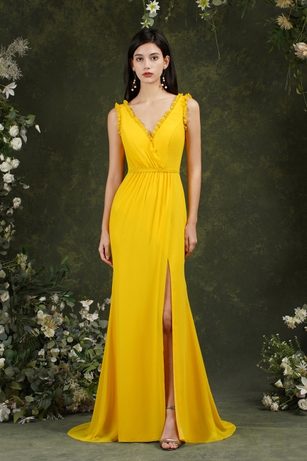 Classy V-neck Wide Straps Backless Yellow Mermaid Bridesmaid Dress With Split