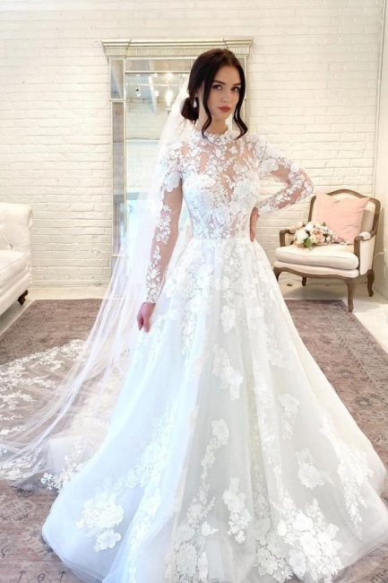 Elegant High-neck Long Sleeve Appliques Lace Floor-length A-Line Wedding Dress