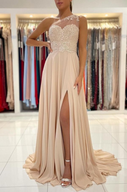 Elegant A-line One Shoulder Appliques Lace Ruffles Split Chiffon Prom Dress