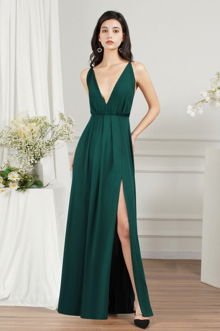 Simple V-neck A-line Backless Ruffles Split Floor-length Prom Dress