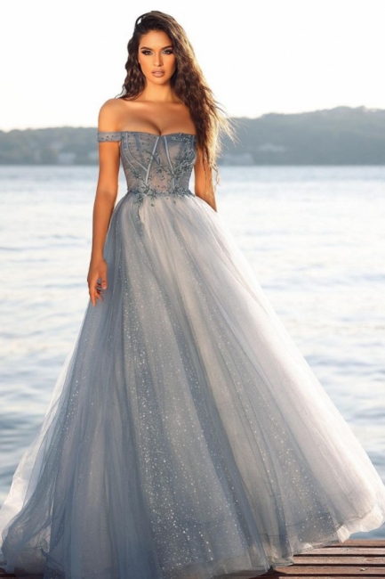 Beautiful A-line Off-the-shoulder Strapless Backless Sequins Floor-length Tulle Prom Dress