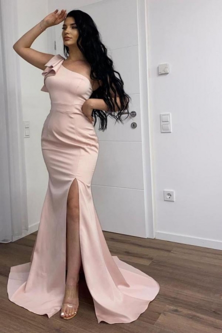 Classy One Shoulder Floor-length Backless Mermaid Prom Dress With Ruched Slit
