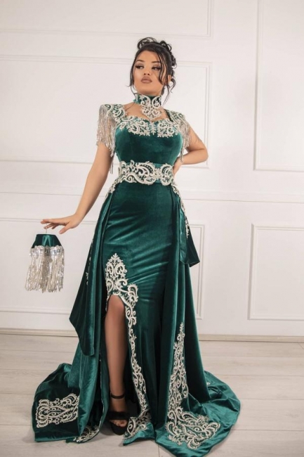 Gorgeous A-line High Neck Appliques Lace Floor-length Split Velvet Prom Dress