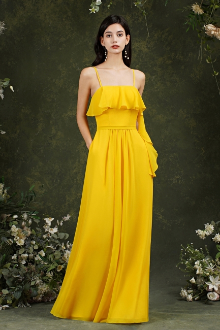 Elegant Yellow Spaghetti Straps A-line Backless Bridesmaid Dress With Ruffles Pockets