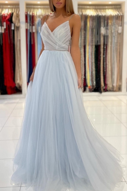 Elegant A-Line Tulle Spaghetti Straps Floor-length Prom Dress With Beading