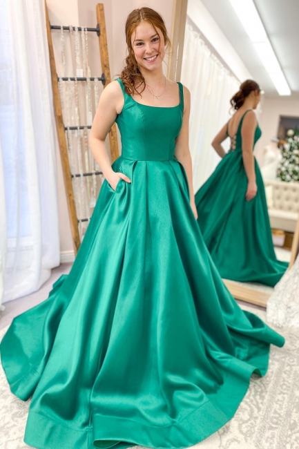 A-line Floor-length Satin Spaghetti Straps Ruffles Backless Prom Dress With Pockets