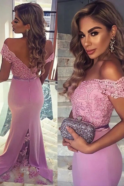 Delicate Off-the-shoulder Backless Mermaid Prom Dress With Appliques Lace