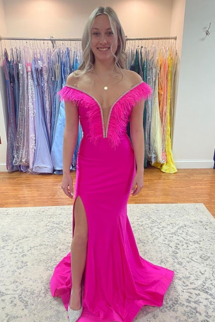 Charming Off-the-shoulder Floor-length Mermaid Feather Beading Prom Dress With Side Slit