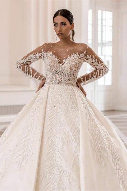 Charming A-Line Bateau Long Sleeve Crystal Pearl Floor-length Wedding Dress