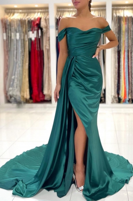 Charming Off-the-shoulder Backless Mermaid Split Prom Dress With Side Train