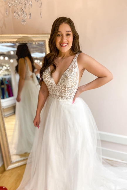 Romantic A-Line Tulle Floor-length V-neck Backless Spaghetti Straps Wedding Dress