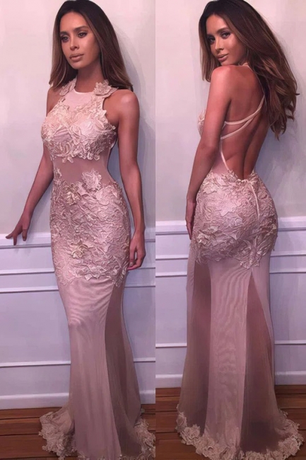Sexy Halter Tulle Open Back Mermaid Prom Dress With Appliques Lace
