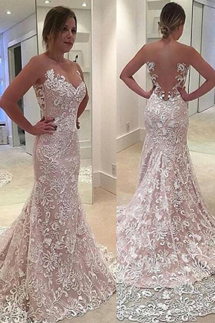 Elegant Sleeveless Sheer Tulle Court Train Lace Mermaid Wedding Dress
