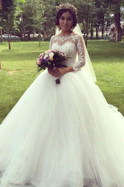 Glamorous Tulle Lace Long-Sleeve Bridal Ball Gown Princess Wedding Dresses